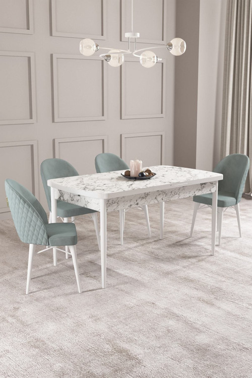 Arya Beyaz Mermer Desen 80X132 Mdf Açılabilir Yemek Masası Takımı 4 Adet Sandalye