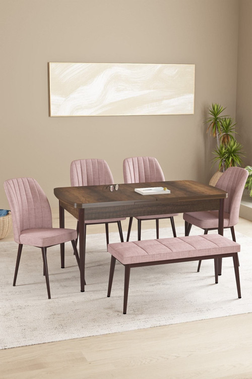 Floryn Barok Desen 80 X 132 Benchli Açılabilir Mdf Mutfak Masa Takımı 4 Sandalye