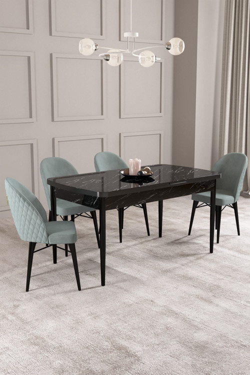 Calvin Siyah Mermer Desen 80X132 Mdf Açılabilir Mutfak Masası Takımı 4 Adet Sandalye