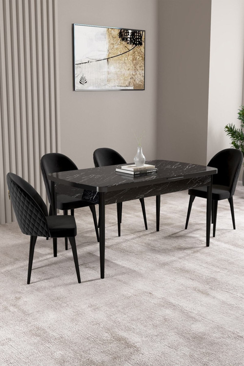 Lima Siyah Mermer Desen 80X132 Mdf Açılabilir Mutfak Masası Takımı 4 Adet Sandalye