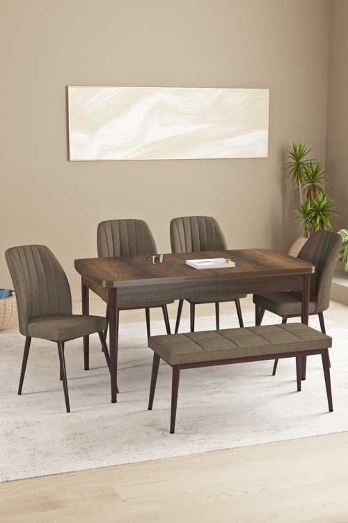 Floryn Barok Desen 80 X 132 Benchli Açılabilir Mdf Mutfak Masa Takımı 4 Sandalye