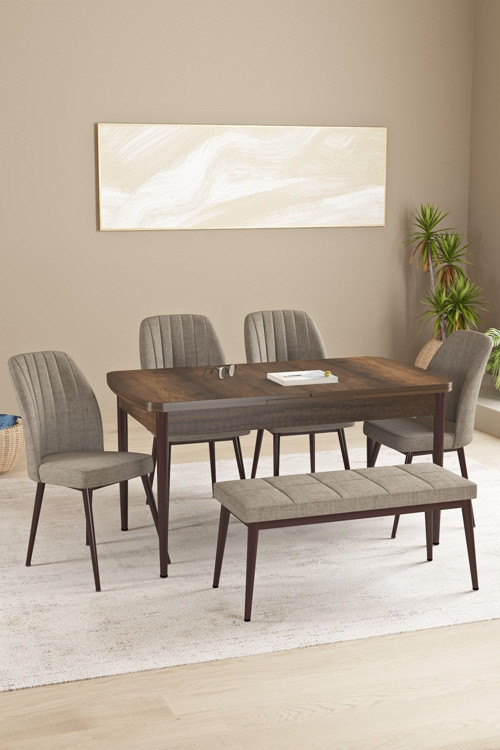 Floryn Barok Desen 80 X 132 Benchli Açılabilir Mdf Mutfak Masa Takımı 4 Sandalye