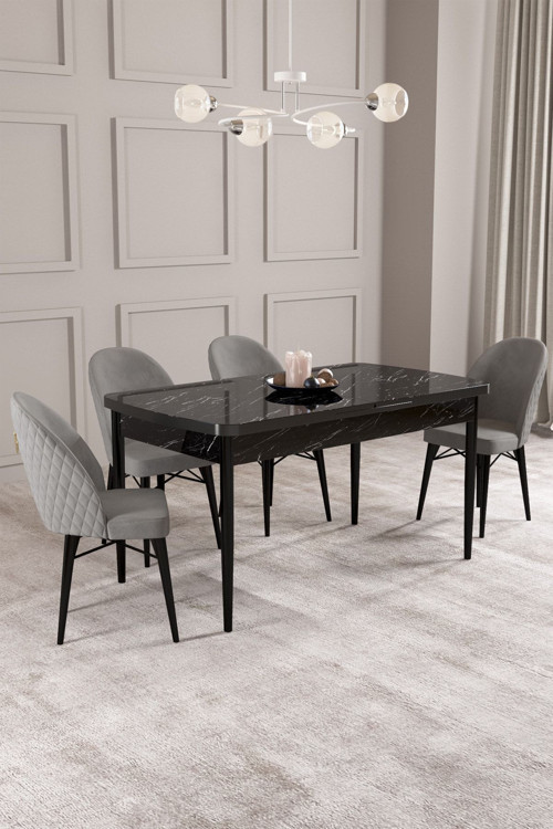 Calvin Siyah Mermer Desen 80X132 Mdf Açılabilir Mutfak Masası Takımı 4 Adet Sandalye