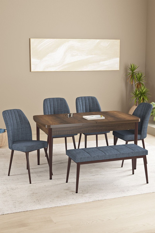 Floryn Barok Desen 80 X 132 Benchli Açılabilir Mdf Mutfak Masa Takımı 4 Sandalye