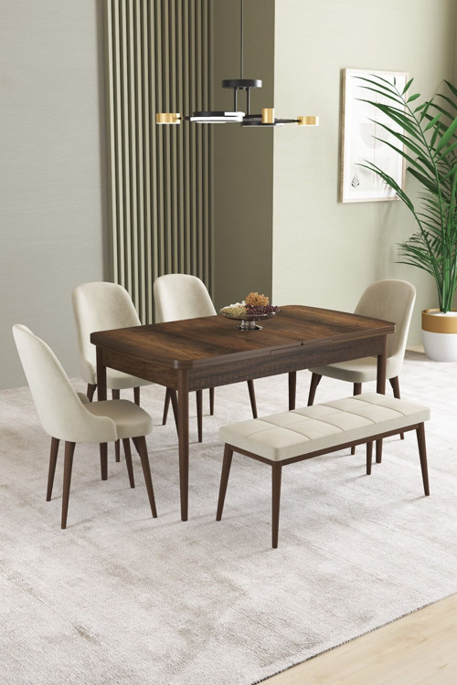Ikon Barok Desen 80X132 Mdf Açılabilir Yemek Masası Takımı 4 Sandalye, 1 Bench