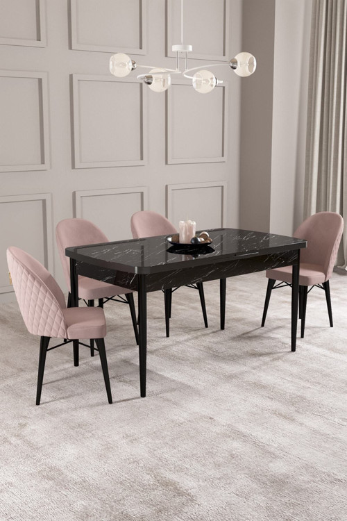 Calvin Siyah Mermer Desen 80X132 Mdf Açılabilir Mutfak Masası Takımı 4 Adet Sandalye