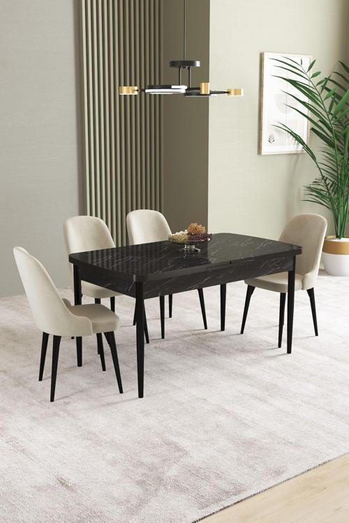 Ikon Siyah Mermer Desen 80X132 Mdf Açılabilir Yemek Masası Takımı 4 Adet Sandalye