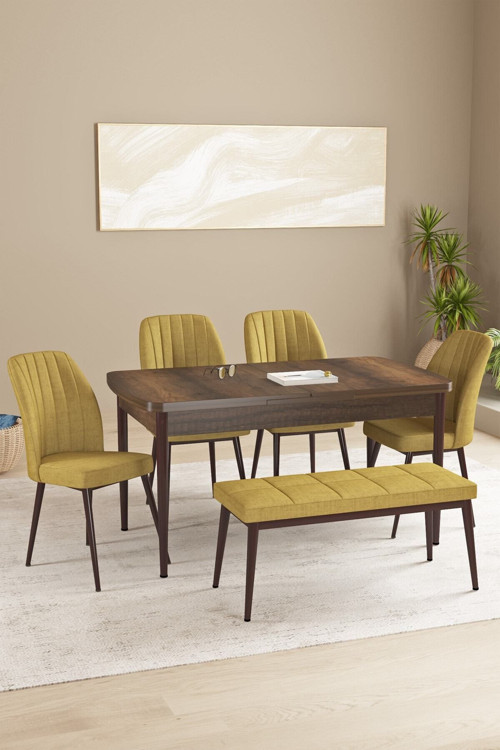 Floryn Barok Desen 80 X 132 Benchli Açılabilir Mdf Mutfak Masa Takımı 4 Sandalye