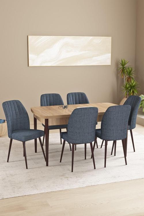 Daisy Meşe Desen 80X132 Açılabilir Mdf Mutfak Masa Takımı 6 Sandalye