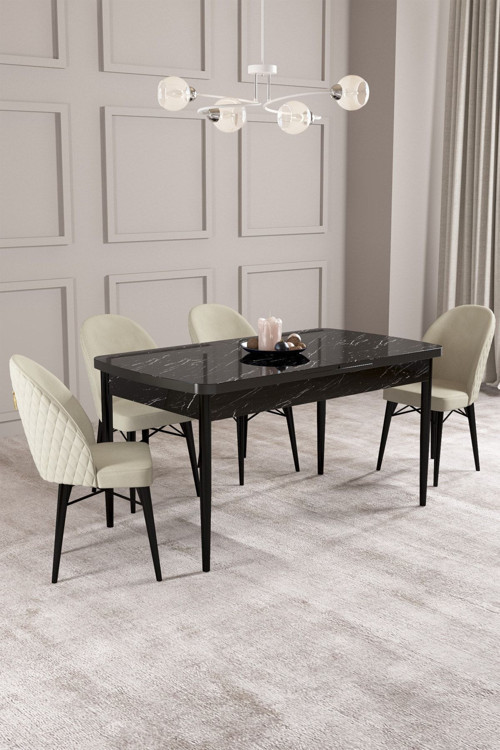 Calvin Siyah Mermer Desen 80X132 Mdf Açılabilir Mutfak Masası Takımı 4 Adet Sandalye