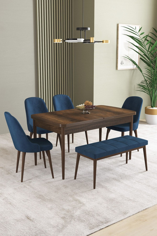 Ikon Barok Desen 80X132 Mdf Açılabilir Yemek Masası Takımı 4 Sandalye, 1 Bench
