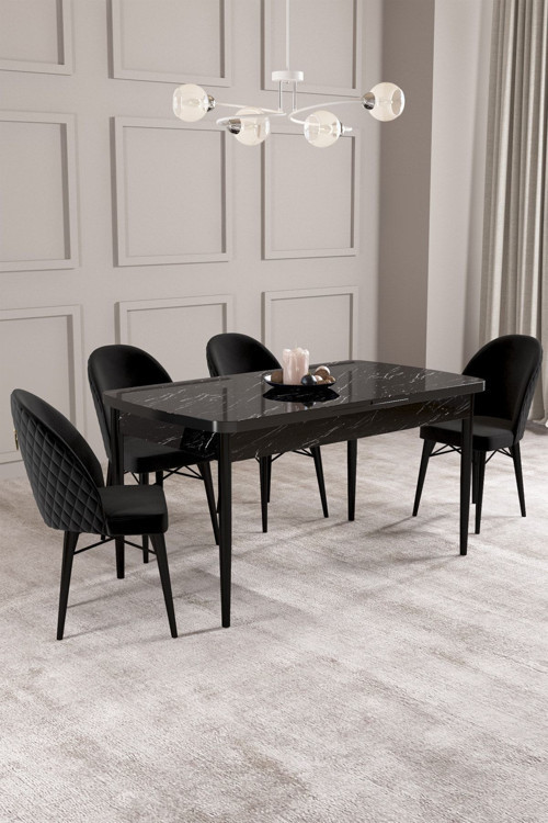 Calvin Siyah Mermer Desen 80X132 Mdf Açılabilir Mutfak Masası Takımı 4 Adet Sandalye