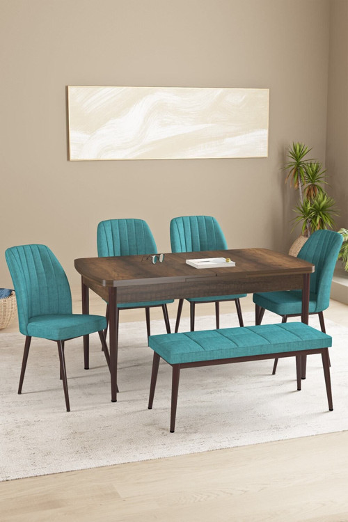 Floryn Barok Desen 80 X 132 Benchli Açılabilir Mdf Mutfak Masa Takımı 4 Sandalye