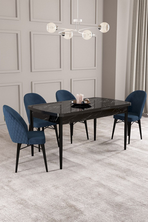 Calvin Siyah Mermer Desen 80X132 Mdf Açılabilir Mutfak Masası Takımı 4 Adet Sandalye