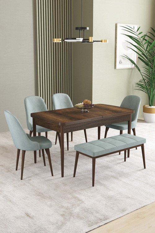 Ikon Barok Desen 80X132 Mdf Açılabilir Yemek Masası Takımı 4 Sandalye, 1 Bench