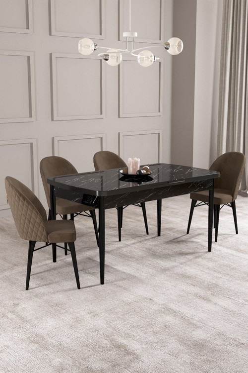 Calvin Siyah Mermer Desen 80X132 Mdf Açılabilir Mutfak Masası Takımı 4 Adet Sandalye