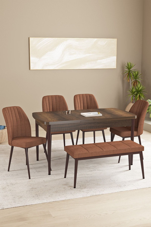 Floryn Barok Desen 80 X 132 Benchli Açılabilir Mdf Mutfak Masa Takımı 4 Sandalye