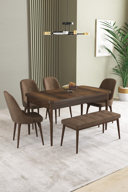 Ikon Barok Desen 80X132 Mdf Açılabilir Yemek Masası Takımı 4 Sandalye, 1 Bench
