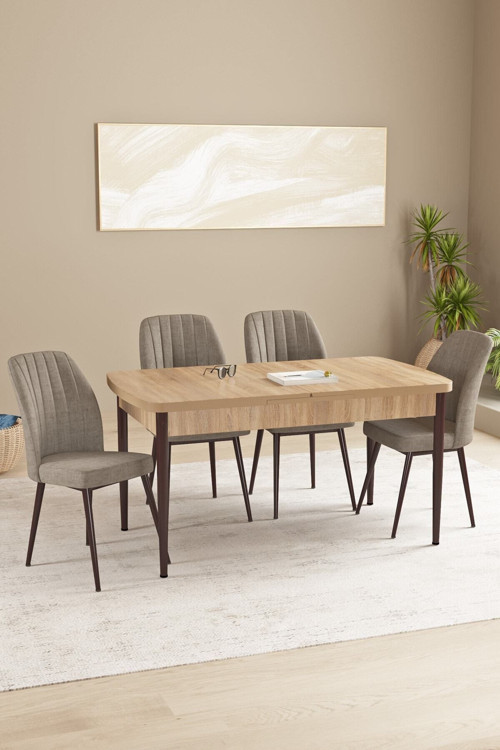 Daisy Meşe Desen 80X132 Açılabilir Mdf Mutfak Masa Takımı 4 Sandalye
