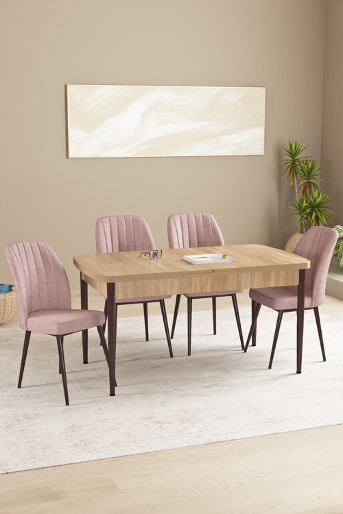 Daisy Meşe Desen 80X132 Açılabilir Mdf Mutfak Masa Takımı 4 Sandalye