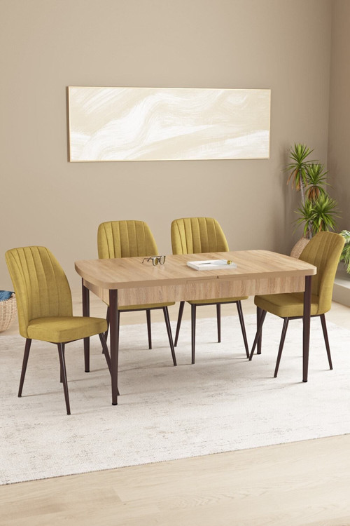 Daisy Meşe Desen 80X132 Açılabilir Mdf Mutfak Masa Takımı 4 Sandalye