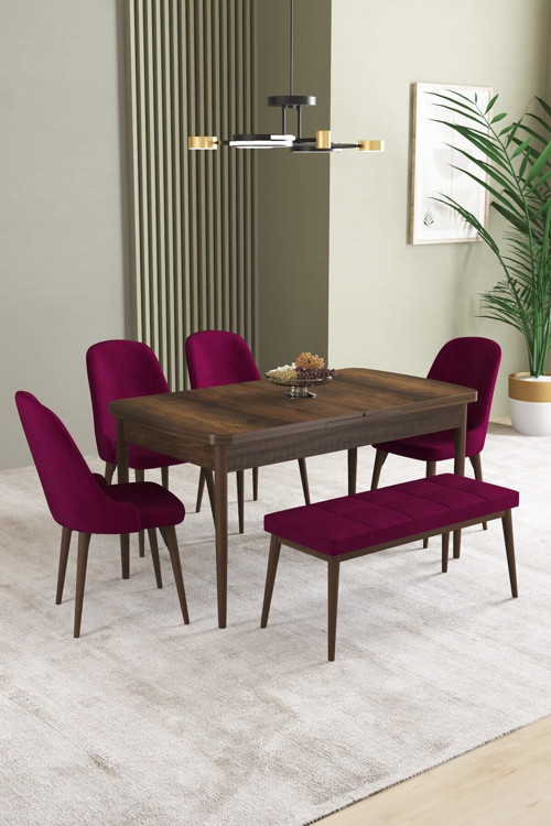 Ikon Barok Desen 80X132 Mdf Açılabilir Yemek Masası Takımı 4 Sandalye, 1 Bench