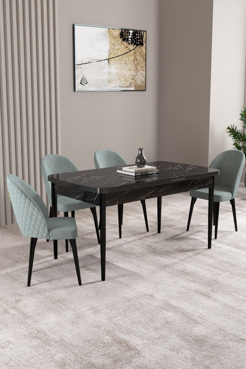 Lima Siyah Mermer Desen 80X132 Mdf Açılabilir Mutfak Masası Takımı 4 Adet Sandalye