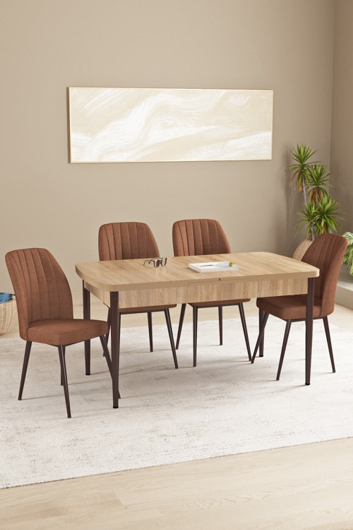 Daisy Meşe Desen 80X132 Açılabilir Mdf Mutfak Masa Takımı 4 Sandalye