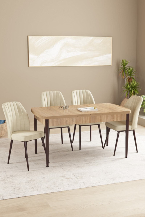 Daisy Meşe Desen 80X132 Açılabilir Mdf Mutfak Masa Takımı 4 Sandalye