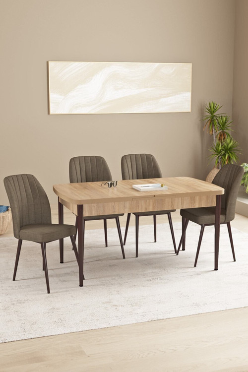 Daisy Meşe Desen 80X132 Açılabilir Mdf Mutfak Masa Takımı 4 Sandalye