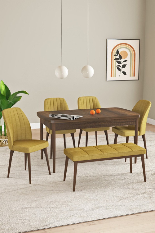 Elis Barok Desen 80X132 Açılabilir Yemek Odası Takımı 4 Sandalye, 1 Bench