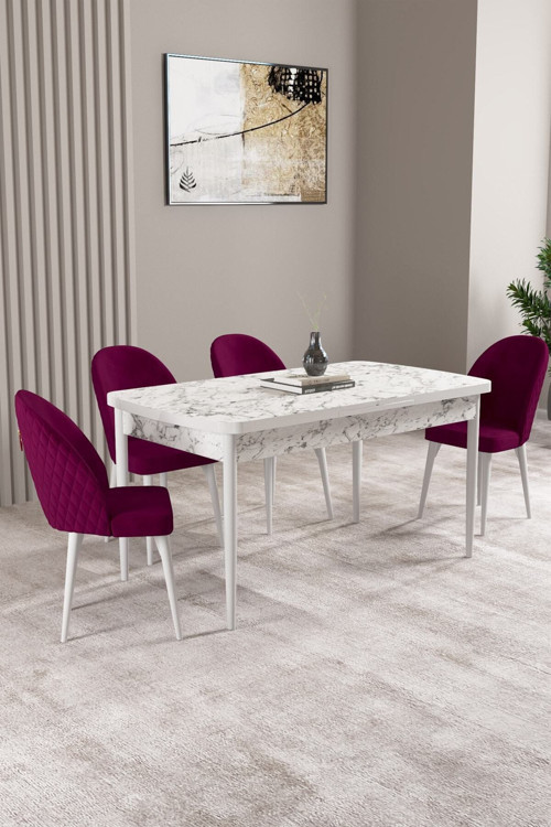 Lima Beyaz Mermer Desen 70X114 Mdf Açılabilir Yemek Masası Takımı 4 Adet Sandalye