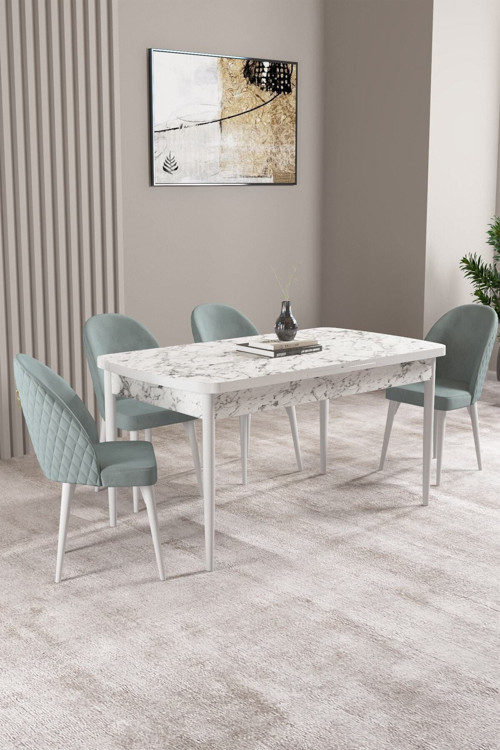 Lima Beyaz Mermer Desen 70X114 Mdf Açılabilir Yemek Masası Takımı 4 Adet Sandalye
