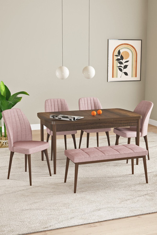 Elis Barok Desen 80X132 Açılabilir Yemek Odası Takımı 4 Sandalye, 1 Bench