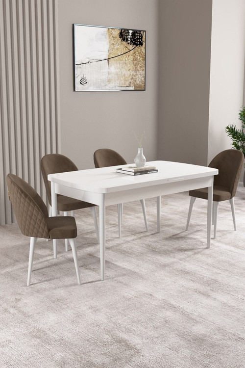 Lima Beyaz 70X114 Mdf Açılabilir Yemek Masası Takımı 4 Adet Sandalye