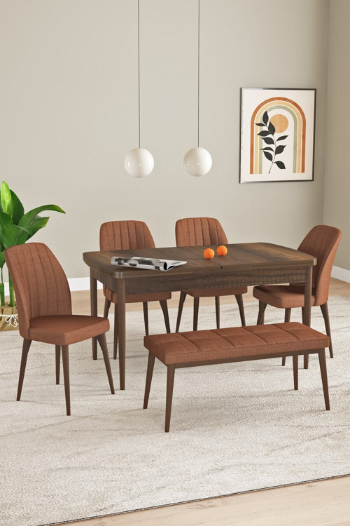 Elis Barok Desen 80X132 Açılabilir Yemek Odası Takımı 4 Sandalye, 1 Bench