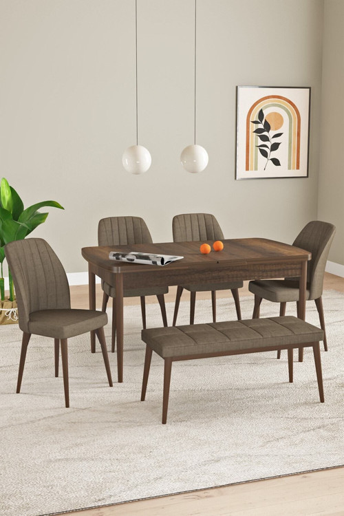 Elis Barok Desen 80X132 Açılabilir Yemek Odası Takımı 4 Sandalye, 1 Bench