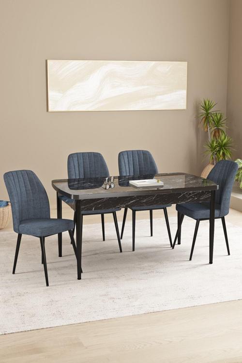 Daisy Siyah Mermer Desen 80X132 Açılabilir Mdf Mutfak Masa Takımı 4 Sandalye