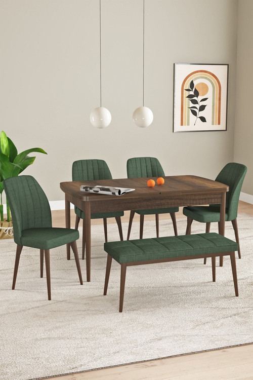 Elis Barok Desen 80X132 Açılabilir Yemek Odası Takımı 4 Sandalye, 1 Bench