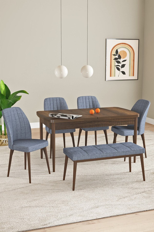 Elis Barok Desen 80X132 Açılabilir Yemek Odası Takımı 4 Sandalye, 1 Bench