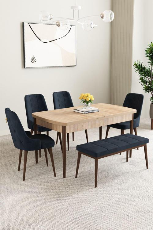 Clara Meşe Desen 80X132 Açılabilir Yemek Odası Takımı 4 Sandalye, 1 Bench
