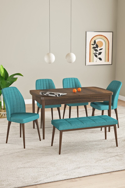 Elis Barok Desen 80X132 Açılabilir Yemek Odası Takımı 4 Sandalye, 1 Bench