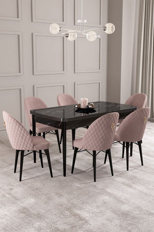 Arya Siyah Mermer Desen 80X132 Mdf Açılabilir Yemek Masası Takımı 6 Adet Sandalye