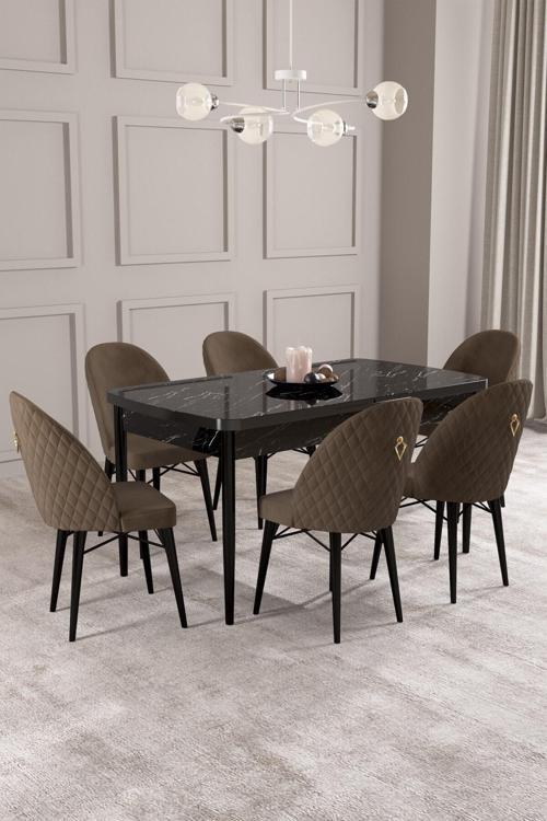 Arya Siyah Mermer Desen 80X132 Mdf Açılabilir Yemek Masası Takımı 6 Adet Sandalye