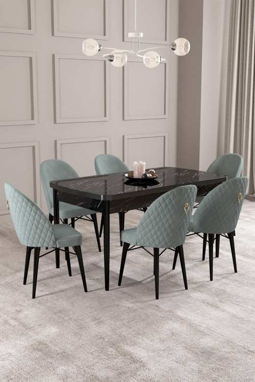 Arya Siyah Mermer Desen 80X132 Mdf Açılabilir Yemek Masası Takımı 6 Adet Sandalye