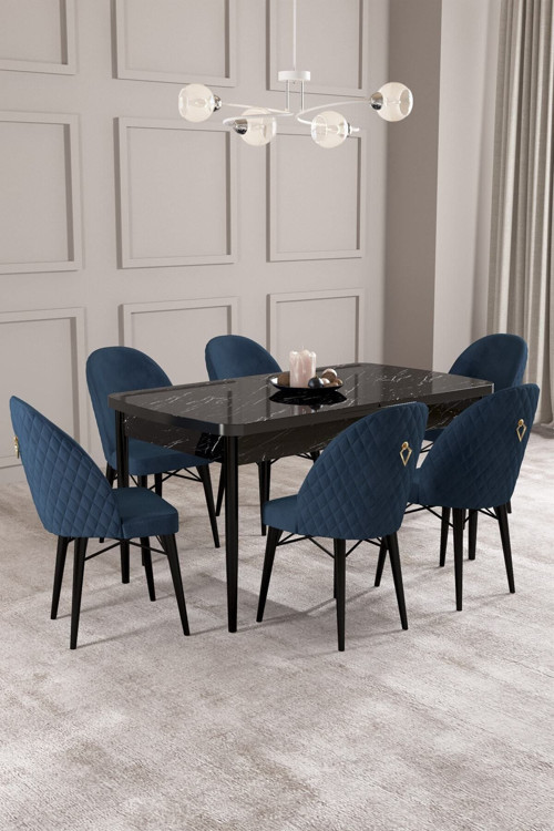 Arya Siyah Mermer Desen 80X132 Mdf Açılabilir Yemek Masası Takımı 6 Adet Sandalye