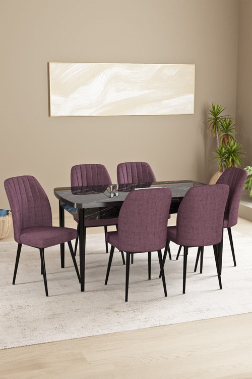 Daisy Mdf Siyah Mermer Desen Açılabilir 80X132 Cm 6 Sandalyeli Mutfak Masası Takımı