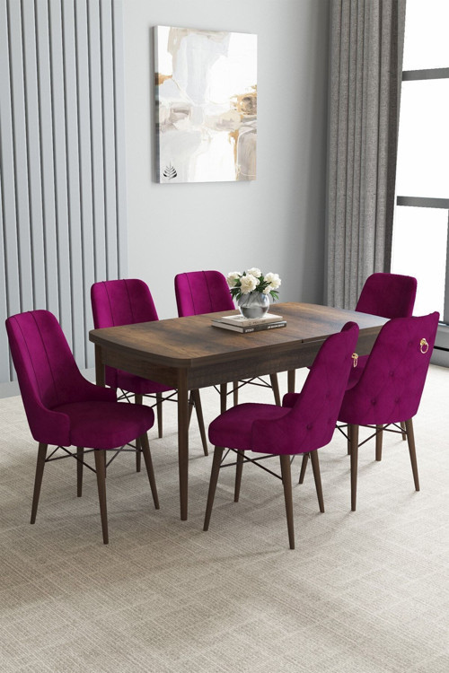 Jusie Barok Desen 80X132 Açılabilir Yemek Odası Takımı 4 Sandalye, 1 Bench