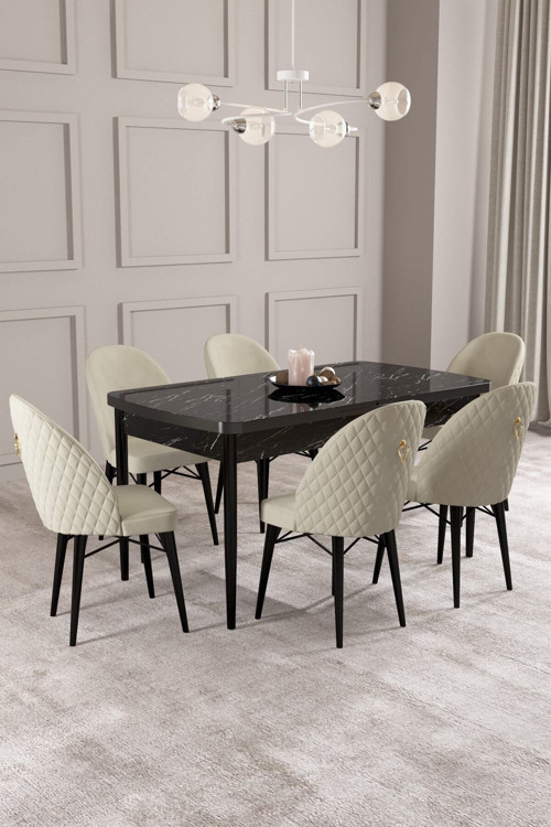 Arya Siyah Mermer Desen 80X132 Mdf Açılabilir Yemek Masası Takımı 6 Adet Sandalye
