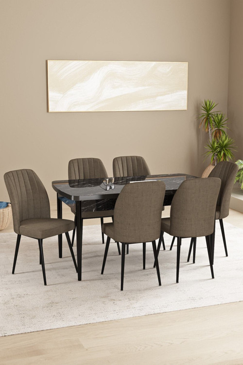 Daisy Mdf Siyah Mermer Desen Açılabilir 80X132 Cm 6 Sandalyeli Mutfak Masası Takımı